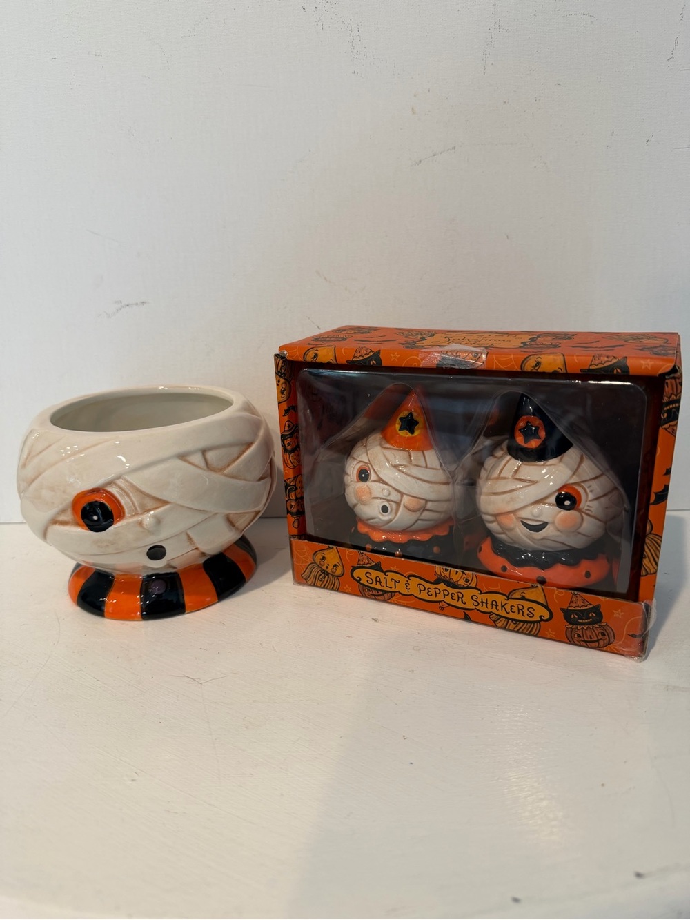 Johanna Parker Mummy Candy Dish and Salt and Pepper Miniatures